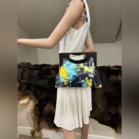 Unique Cowhide Leather Tie-dye Print Handmade Wooden Frame Top Handle Bag - Picture 2 of 16